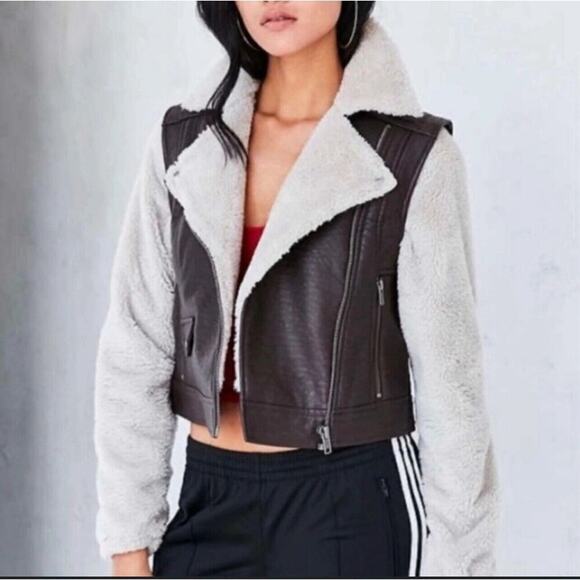 BDG Urban Outfitters Brown Vegan Leather Sherpa Crop Moto Jacket Sz S - Picture 1 of 8